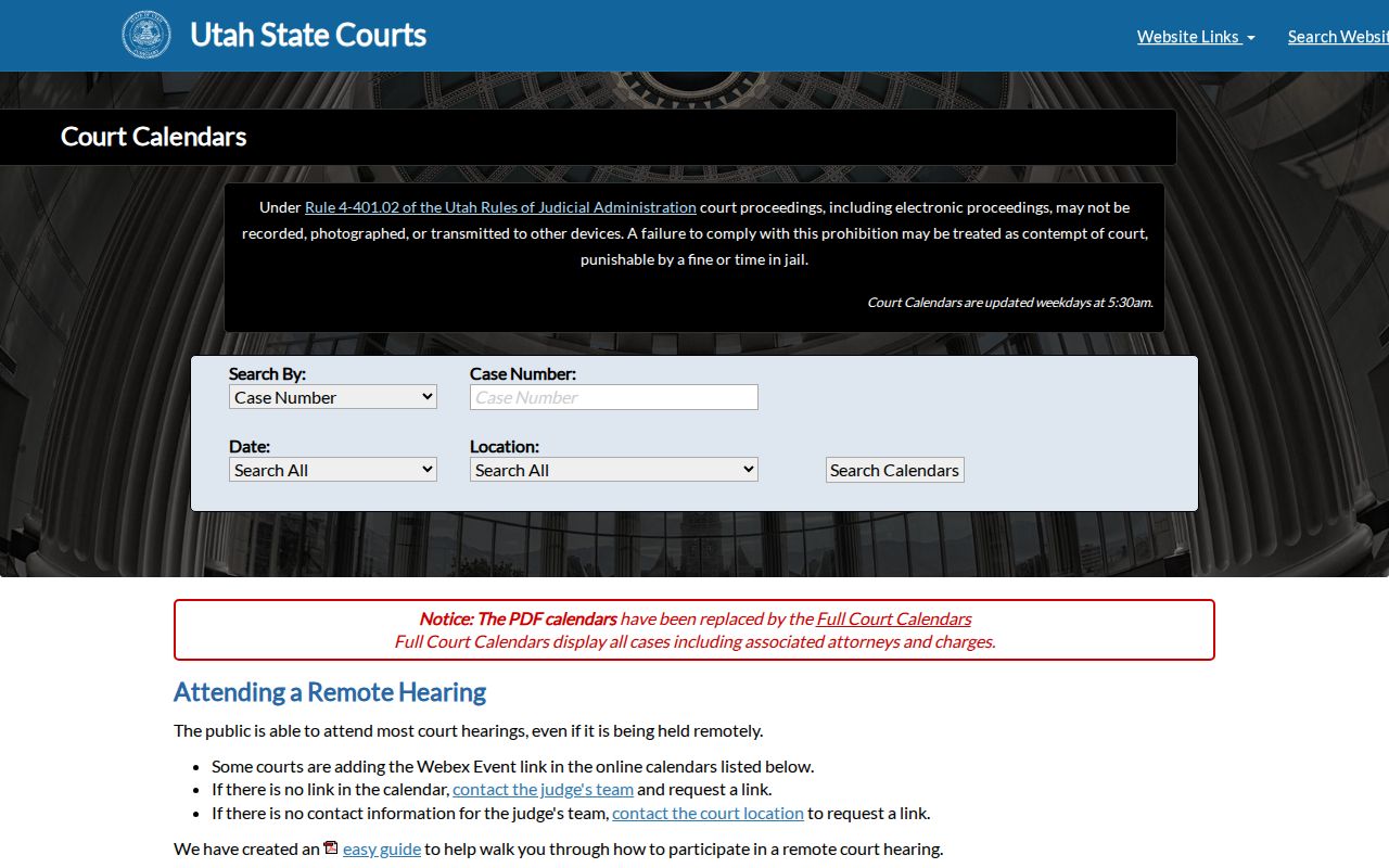 Carbon County bench warrant reference, Utah Court Calendar search controls