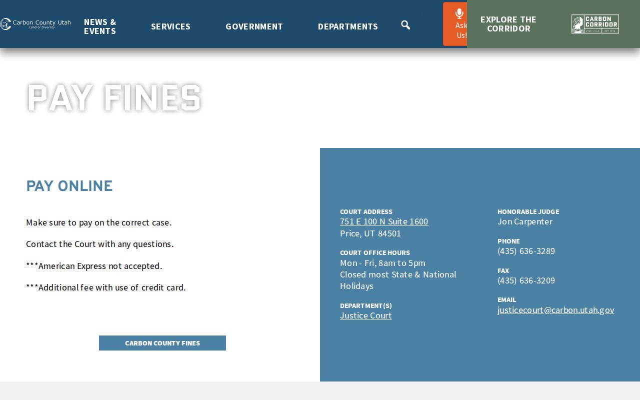 Carbon County Justice Court payment methods and card-fee notice