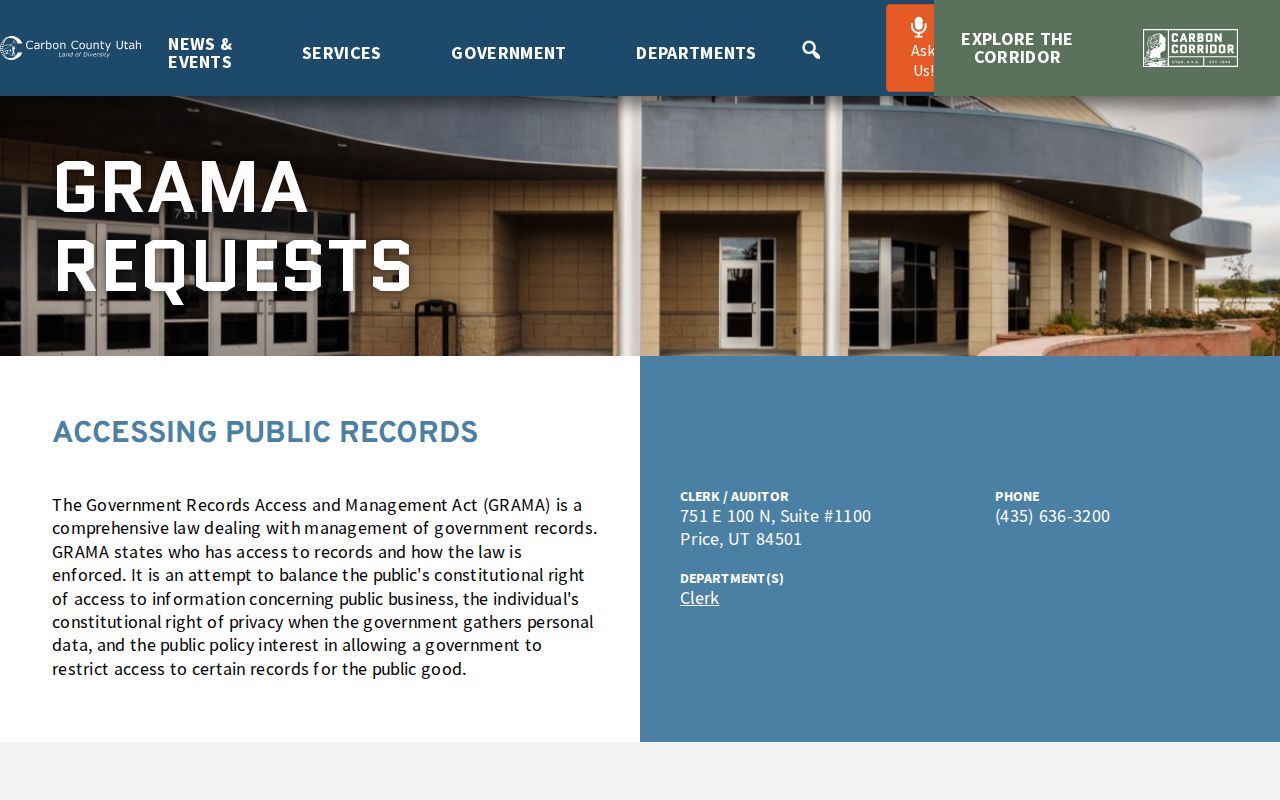 Carbon County GRAMA request page and public records intake details