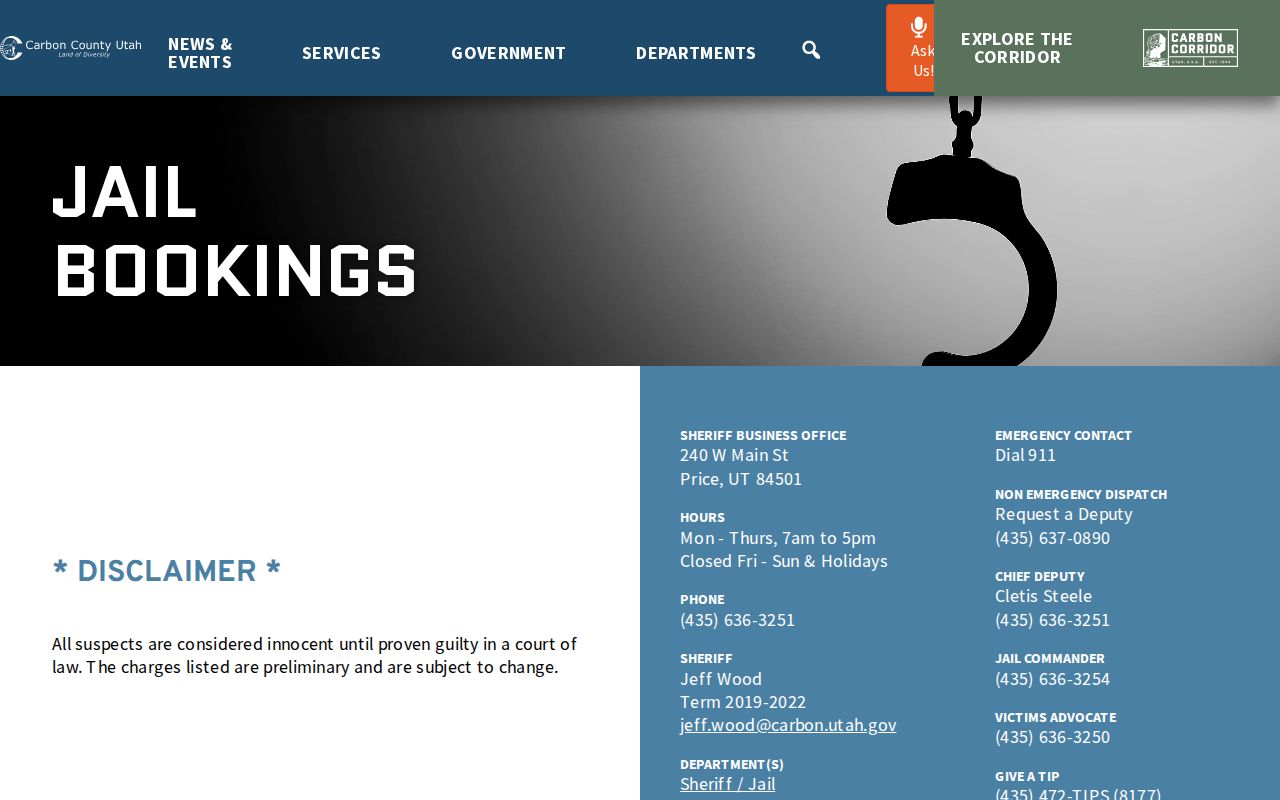 Carbon County active warrant reference, jail-booking page disclaimer and fields