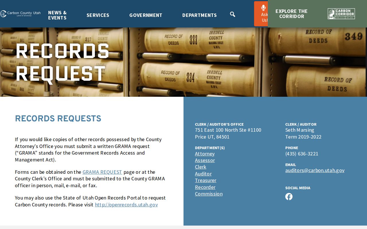 Carbon County public records request page and GRAMA routing