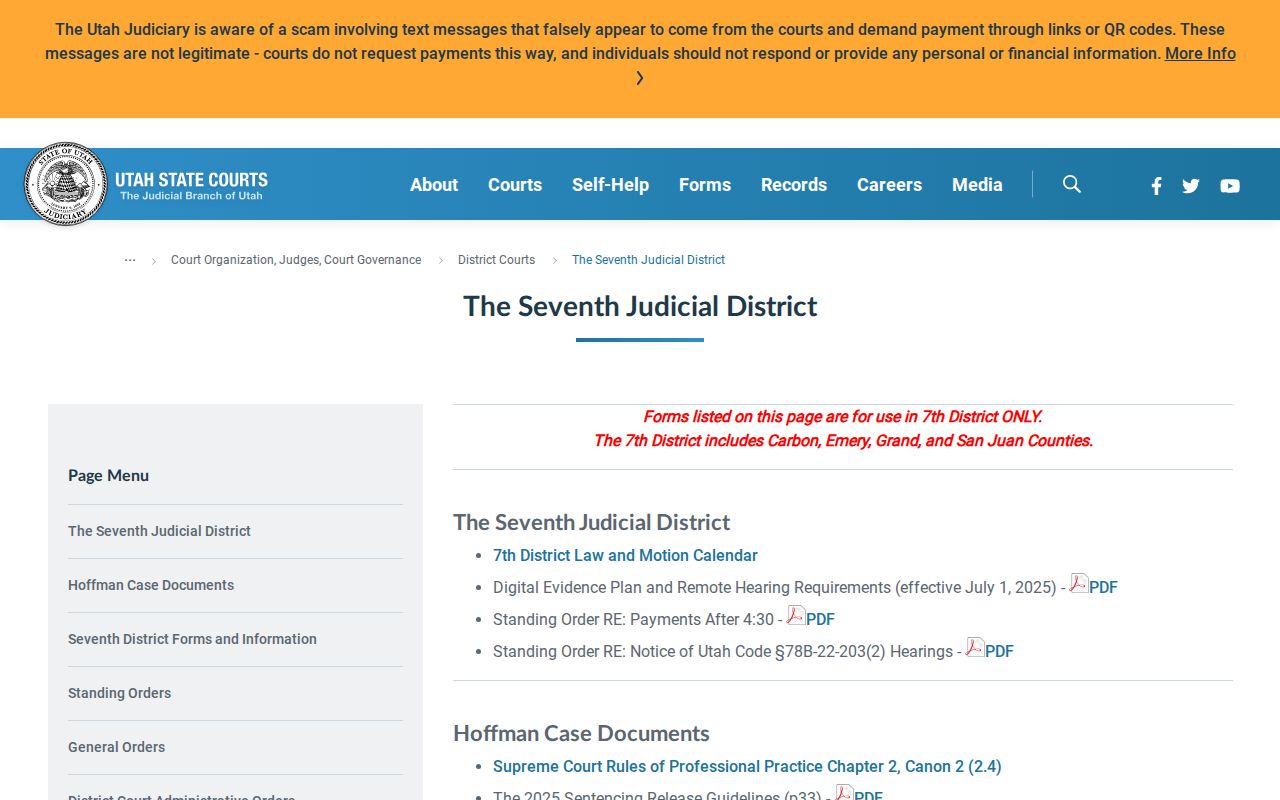 Carbon County arrest warrant court route, Utah Seventh District information