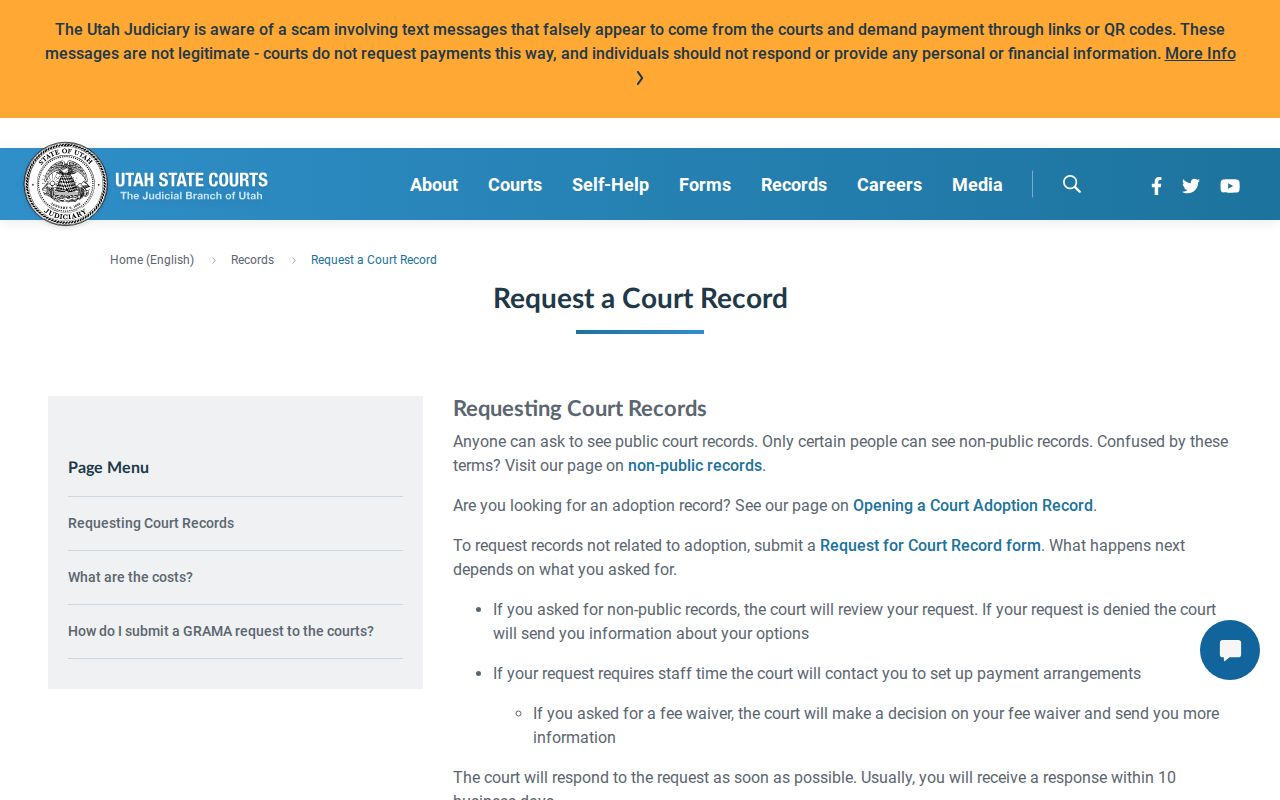 Utah Courts public court-record request instructions