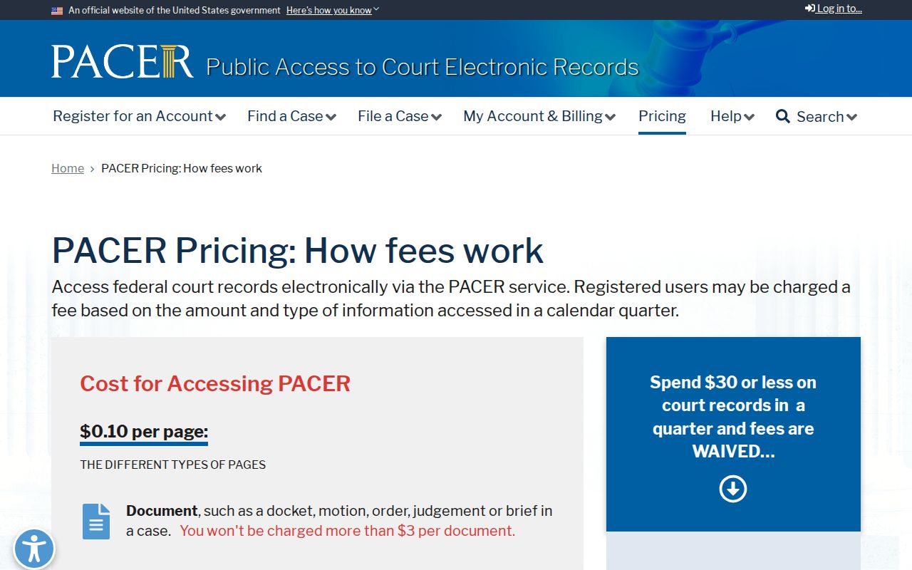 Official PACER pricing and fee-waiver information for federal records