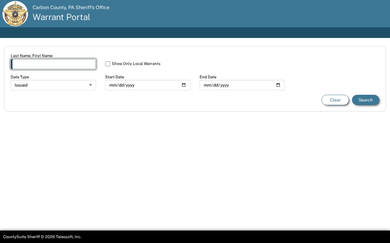 Carbon County warrant search portal filter fields