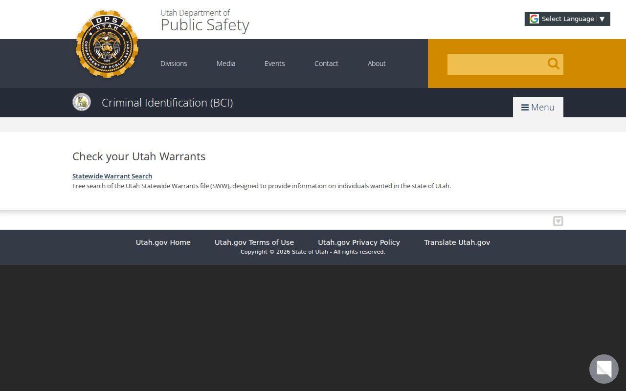 Carbon County warrant search using the Utah BCI statewide name form